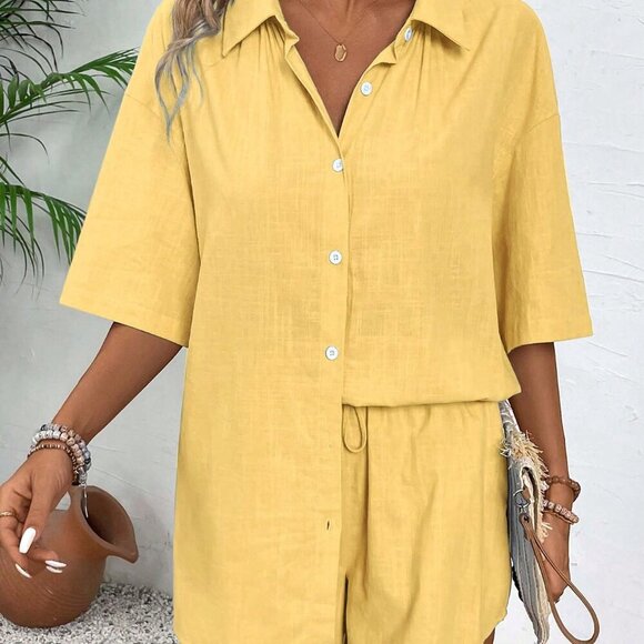 Yellow Casual Women's Vacation Short Sleeve Shirt And Shorts Set - Picture 7 of 7